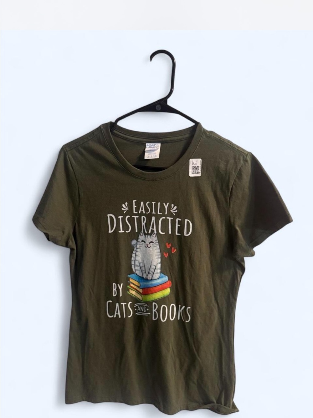 Amazon Olive Green Cat & Books Graphic Tee